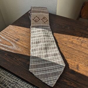Vintage Handwoven Handmade Fish Plaid Tan Wool Necktie from Peru